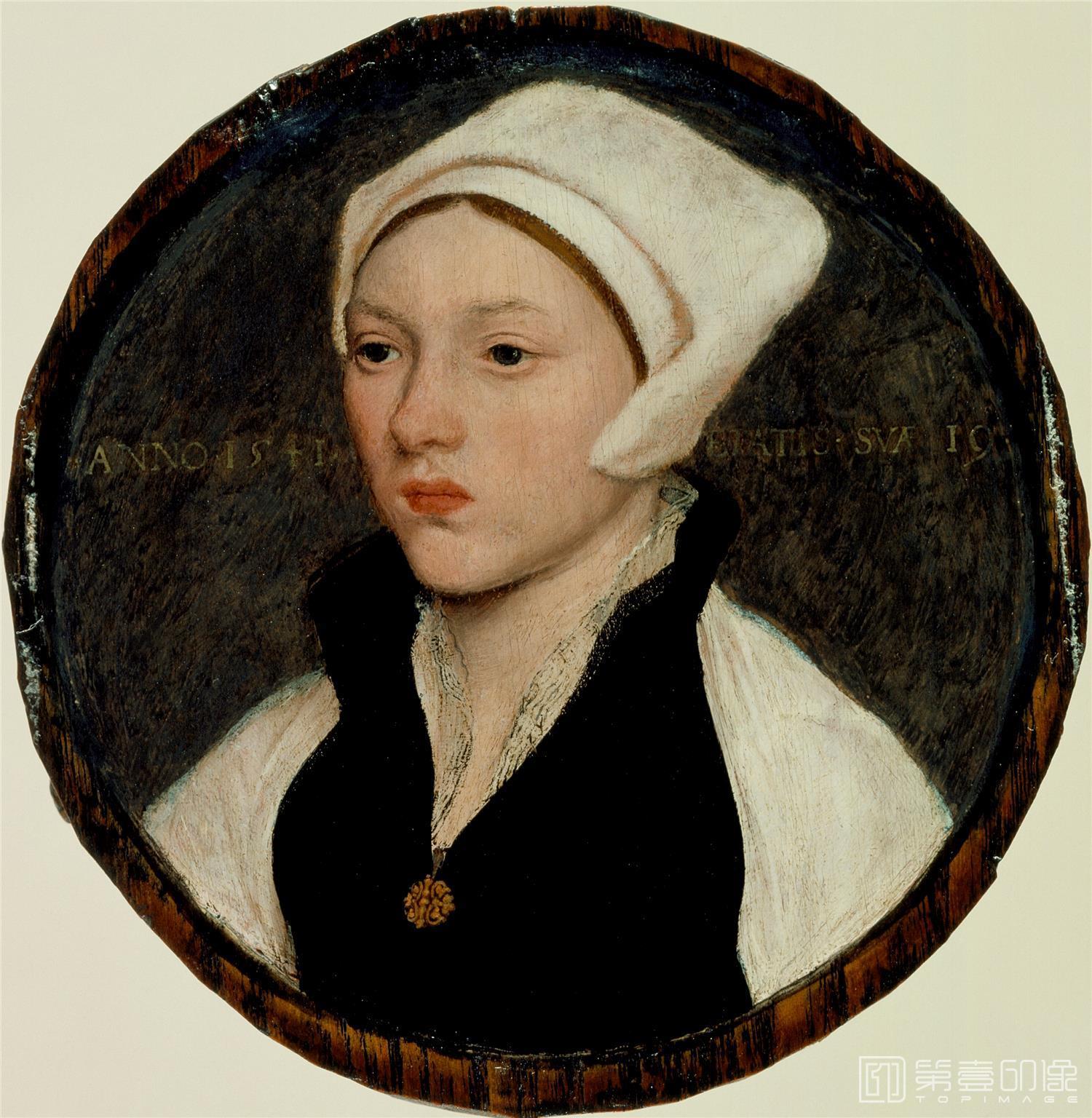 油画-美国洛杉矶国家美术馆-Hans Holbein the Younger-Portrait of a Young Woman with a White Coif-101